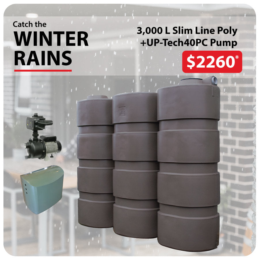 3,000 Litre Slimline Poly Water Tank & UP-Tech40PC WINTER RAINS PACKAGE
