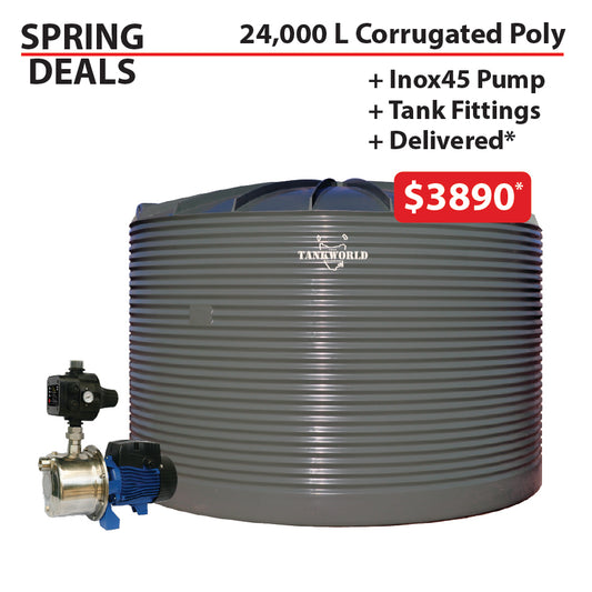 24,000 Litre Corrugated Poly Water Tank + Inox 45 Pump SPRING DEAL