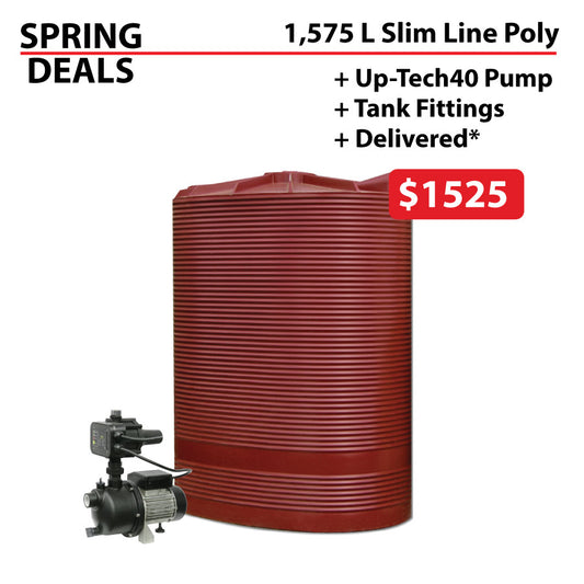 1,575 Litre Slim Line - Mini Orb Poly Water Tank & UP-Tech Pump SPRING DEAL
