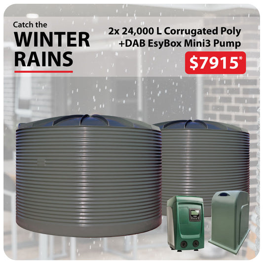 2x 24,000 Litre Corrugated Poly Water Tanks & DAB Esybox Mini WINTER RAINS PACKAGE