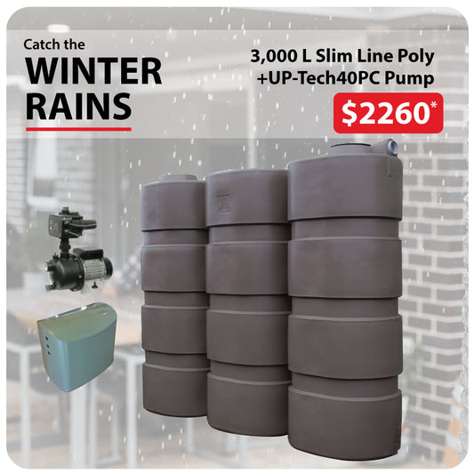 3,000 Litre Slimline Poly Water Tank & UP-Tech40PC WINTER RAINS PACKAGE