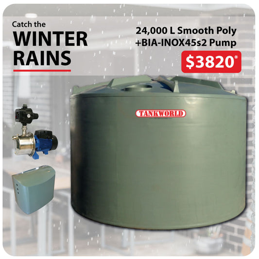24,000 Litre Smooth Poly Water Tank & Inox 45 WINTER RAINS PACKAGE